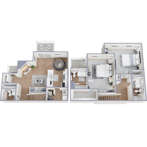 Two images of a small apartment layout with a kitchen, living room, and bedroom.
